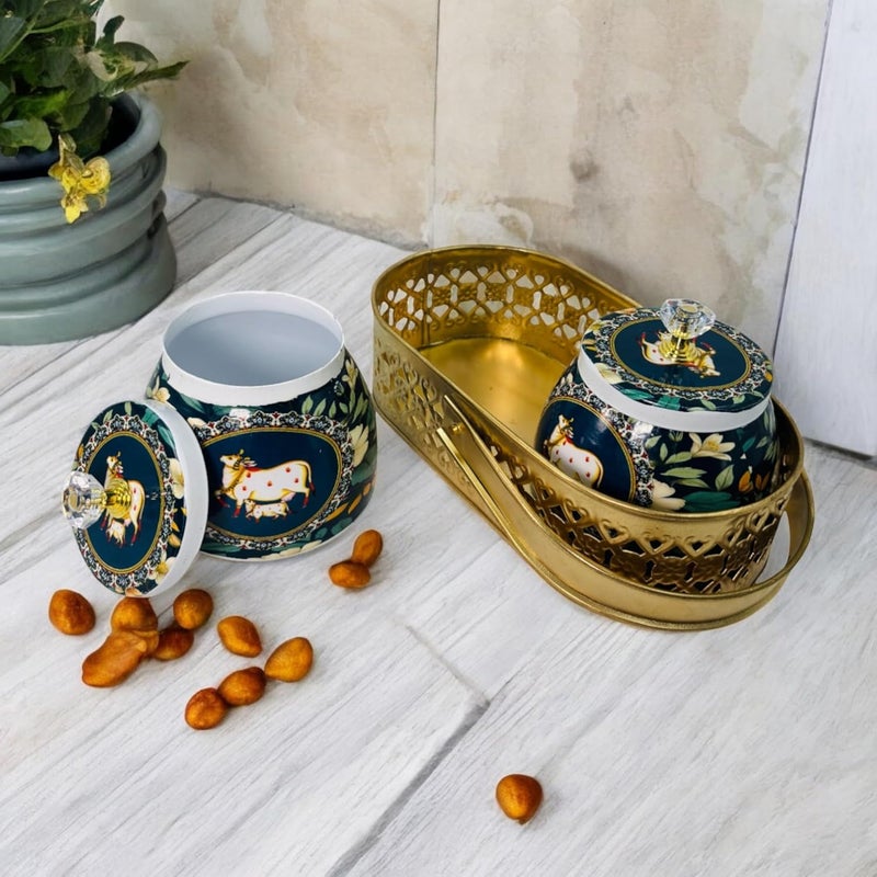 COOPTIC Elegant Dual Jar Set with Decorative Golden Basket | Handcrafted Iron Holder Featuring Traditional Art | Ideal for Kitchen Storage, Gifts & Festive Home Décor (Green-Flower-Cow) - Image 2