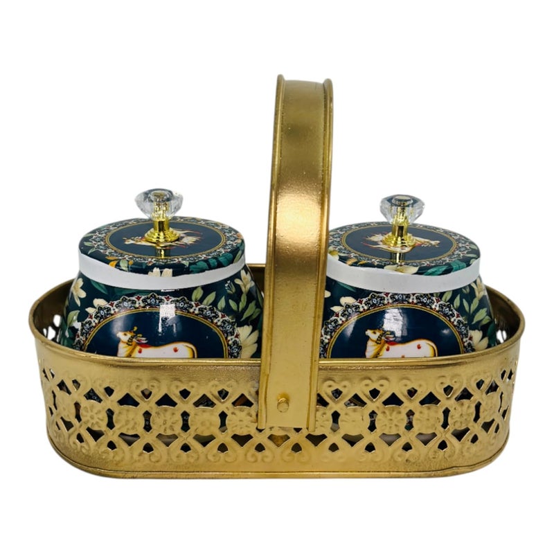 COOPTIC Elegant Dual Jar Set with Decorative Golden Basket | Handcrafted Iron Holder Featuring Traditional Art | Ideal for Kitchen Storage, Gifts & Festive Home Décor (Green-Flower-Cow) - Image 3