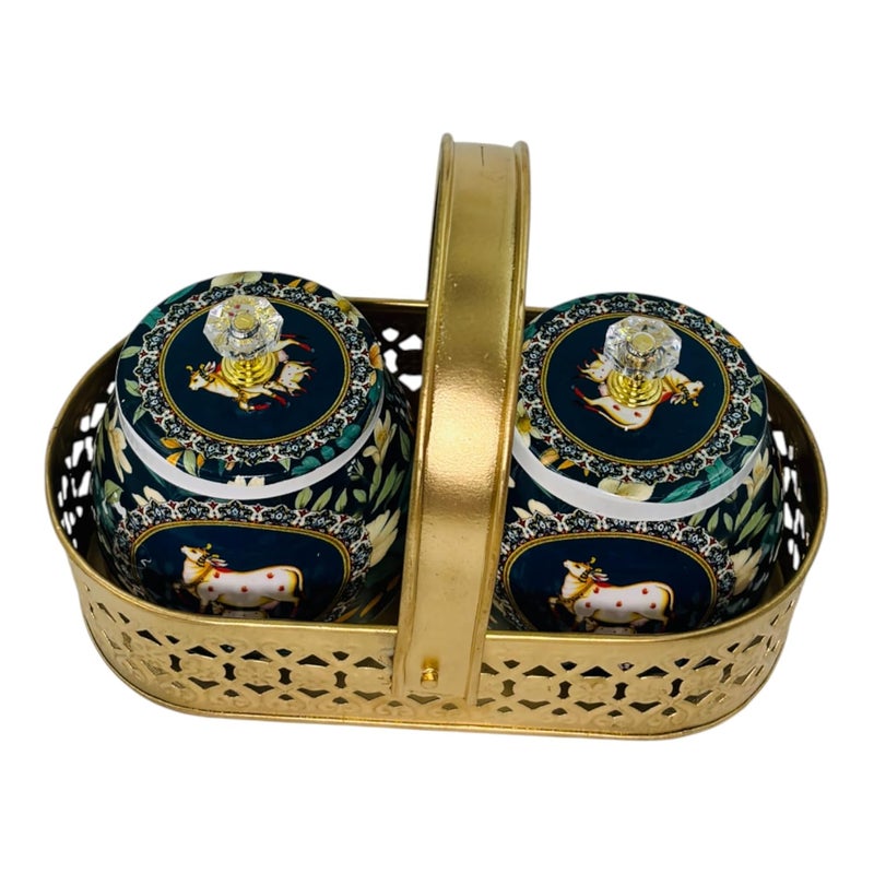 COOPTIC Elegant Dual Jar Set with Decorative Golden Basket | Handcrafted Iron Holder Featuring Traditional Art | Ideal for Kitchen Storage, Gifts & Festive Home Décor (Green-Flower-Cow) - Image 4
