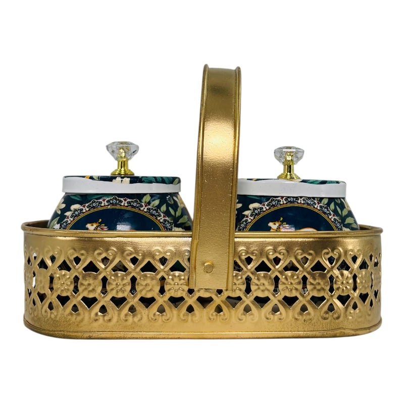 COOPTIC Elegant Dual Jar Set with Decorative Golden Basket | Handcrafted Iron Holder Featuring Traditional Art | Ideal for Kitchen Storage, Gifts & Festive Home Décor (Green-Flower-Cow) - Image 5