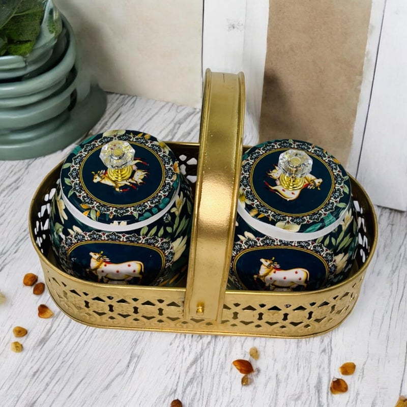 COOPTIC Elegant Dual Jar Set with Decorative Golden Basket | Handcrafted Iron Holder Featuring Traditional Art | Ideal for Kitchen Storage, Gifts & Festive Home Décor (Green-Flower-Cow) - Image 1