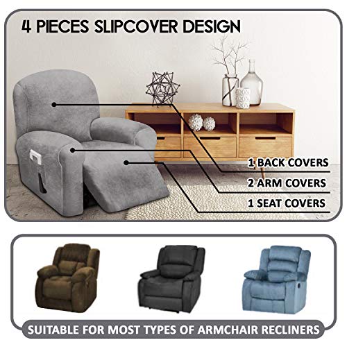 ULTICOR 4-Piece, 1 Seat Recliner Cover, Velvet Stretch Reclining Chair Covers for 1 Cushion Reclining Sofa, Single Seat Recliner Couch Cover, Thick, Very Soft, Machine Washable (Light Grey) - Image 2