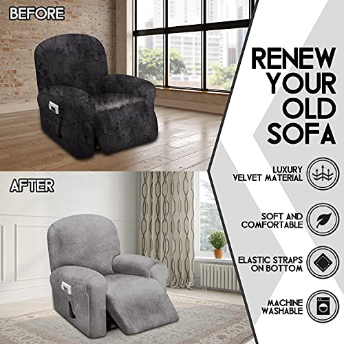 ULTICOR 4-Piece, 1 Seat Recliner Cover, Velvet Stretch Reclining Chair Covers for 1 Cushion Reclining Sofa, Single Seat Recliner Couch Cover, Thick, Very Soft, Machine Washable (Light Grey) - Image 5