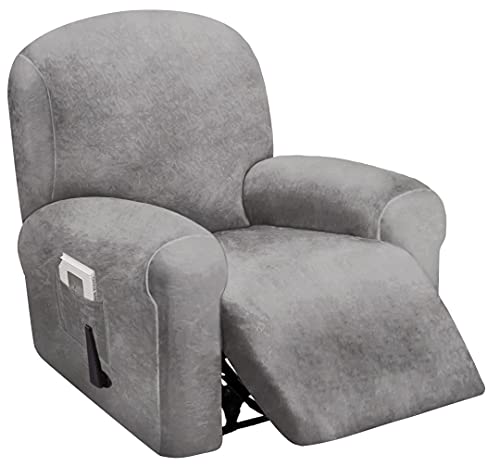 ULTICOR 4-Piece, 1 Seat Recliner Cover, Velvet Stretch Reclining Chair Covers for 1 Cushion Reclining Sofa, Single Seat Recliner Couch Cover, Thick, Very Soft, Machine Washable (Light Grey) - Image 1