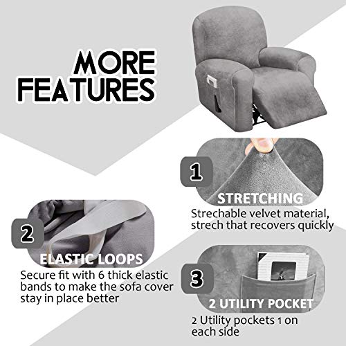 ULTICOR 4-Piece, 1 Seat Recliner Cover, Velvet Stretch Reclining Chair Covers for 1 Cushion Reclining Sofa, Single Seat Recliner Couch Cover, Thick, Very Soft, Machine Washable (Light Grey) - Image 4
