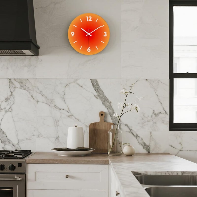 YTAONS 12 in Modern Wall Clock, Silent Glass Clock, Decorative Wall Clocks for Living Room Kitchen Office Bedroom (Orange) - Image 4