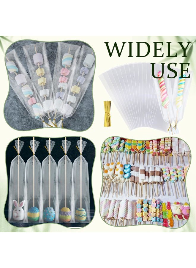 Yexiya 100 Pcs Cellophane Treat Bags with Twist Ties and 100 Pcs Natural Bamboo Skewers 3 x 11 Inches Clear Rod Bags for Packaging Candies Cookies Kabobs - Image 5