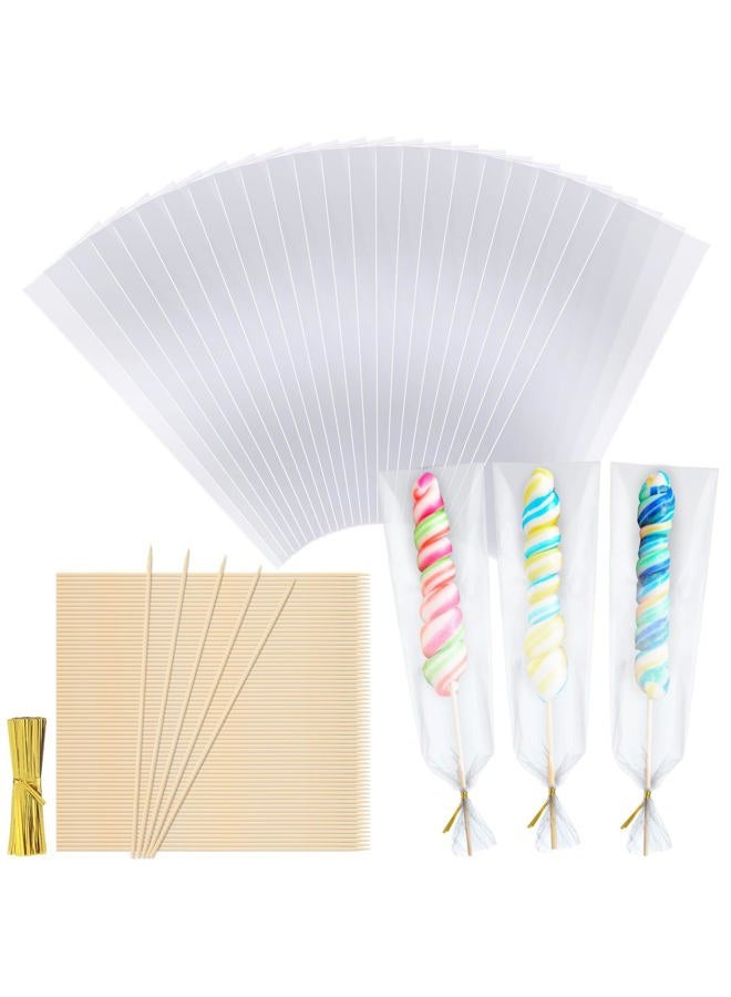 Yexiya 100 Pcs Cellophane Treat Bags with Twist Ties and 100 Pcs Natural Bamboo Skewers 3 x 11 Inches Clear Rod Bags for Packaging Candies Cookies Kabobs - Image 1