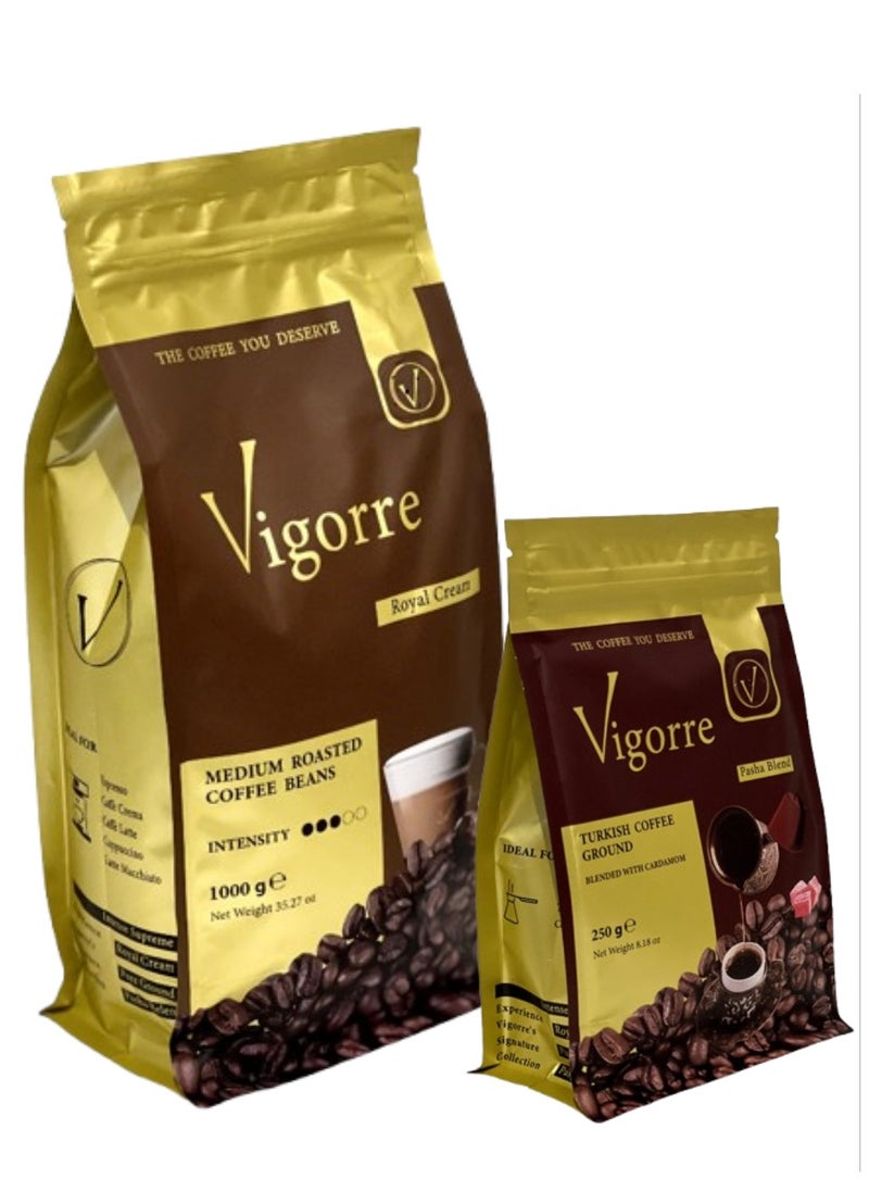 Vigorre - Bundle of Royal Cream Medium Roasted Coffee Beans 1 KG + Pasha Blend Turkish Coffee with Cardamom 250g - Image 1