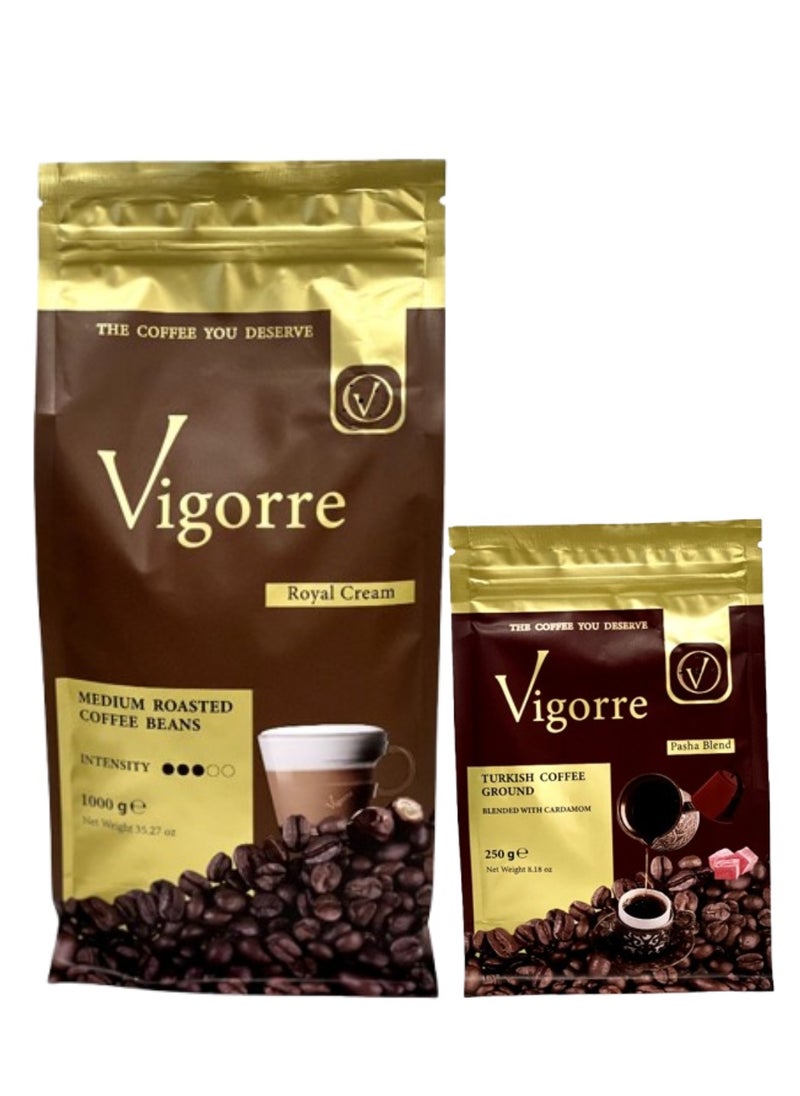 Vigorre - Bundle of Royal Cream Medium Roasted Coffee Beans 1 KG + Pasha Blend Turkish Coffee with Cardamom 250g - Image 1