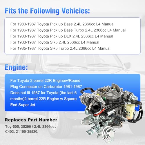 Partol 22R Carburetor for Toyota Pickup Carburetor 1981-1987 TOY-505 TOY-507 2.4L Carburetor Carb, Automatic Choke (35290/2.4L 2366cc/C4036) - Image 2