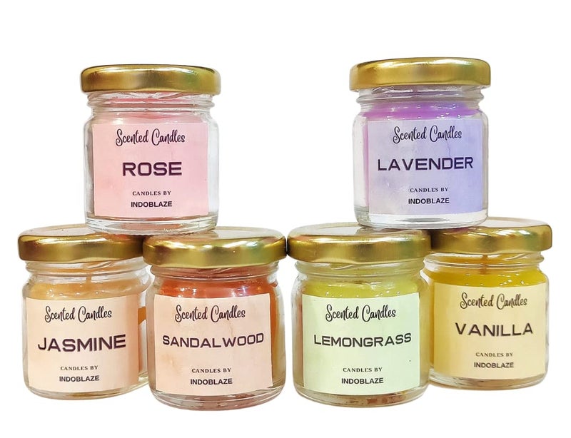Indoblaze Scented Candles For Home Decor | Mini Jar Highly Fragrance Candles For Bedroom | Candles For Gifting (Pack Of 18, Lavender, Sandalwood, Rose, Vanilla, Lemon Grass, Jasmine) - Image 3