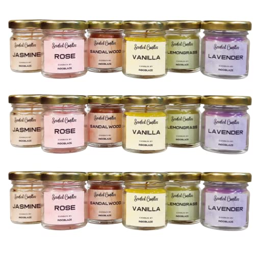 Indoblaze Scented Candles For Home Decor | Mini Jar Highly Fragrance Candles For Bedroom | Candles For Gifting (Pack Of 18, Lavender, Sandalwood, Rose, Vanilla, Lemon Grass, Jasmine) - Image 1