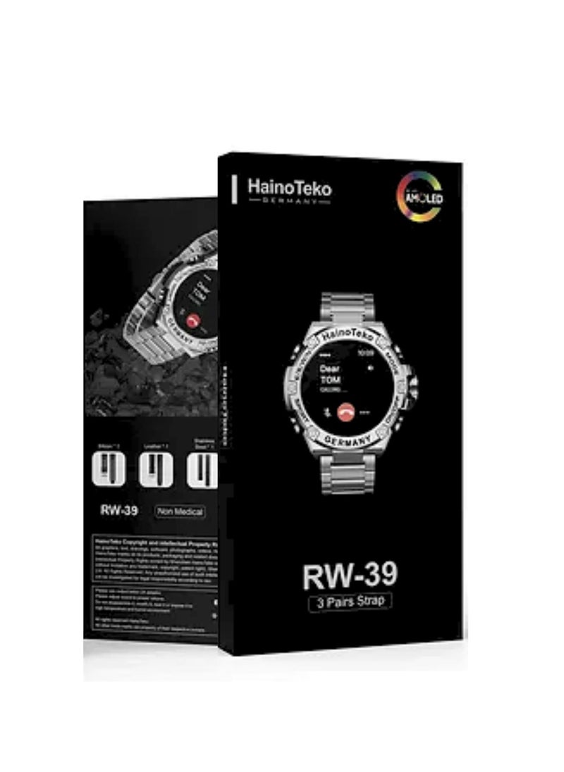 Haino Teko - RW39 Round Shape Large Screen AMOLED Display Smart Watch With 3 Pair Straps and Wireless Charger For Men's and Boys_Black - Image 1