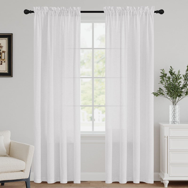 FantasDecor White Sheer Linen Curtains for Living Room 84 inch Length Rod Pocket Flax Linen Burlap Semi Sheer with Light Filtering Privacy Window Treatments for Bedroom W52 x L84 White