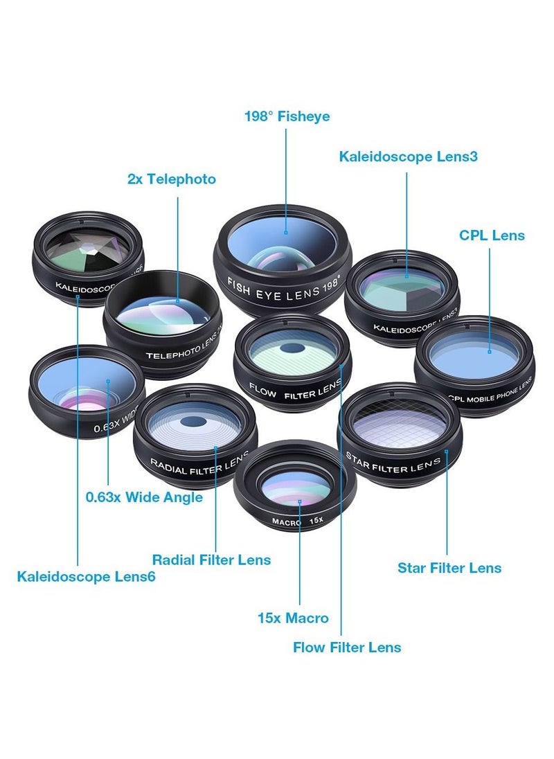 APEXEL - APEXEL 10 in 1 Phone Camera Lens Kit Fisheye Wide Angle Macro Lens CPL Filter Kaleidoscope and 2X Telescope Lens for Smartphone - Image 1