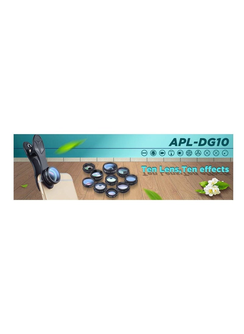 APEXEL - APEXEL 10 in 1 Phone Camera Lens Kit Fisheye Wide Angle Macro Lens CPL Filter Kaleidoscope and 2X Telescope Lens for Smartphone - Image 1