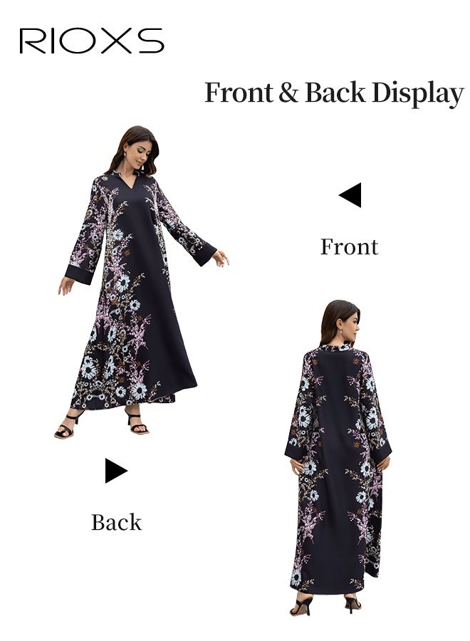 RIOXS Women's Muslim Dress, Classic Muslim Abayas Dress, Ironing Printed Long Dress for Women, Comfy Islamic Robe Ladies Maxi Clothes, Elegant Evening Dress Arab Formal Dresses, Lady's Flowy  Dress for Daily/ Party/ Shopping/ Festival, Black Women's Dresses  - Image 2