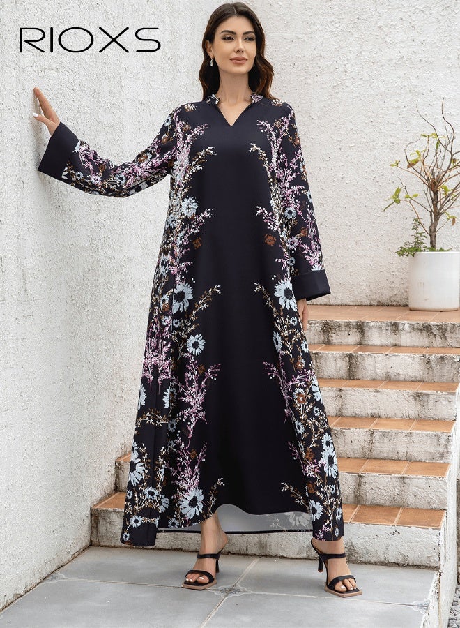 RIOXS Women's Muslim Dress, Classic Muslim Abayas Dress, Ironing Printed Long Dress for Women, Comfy Islamic Robe Ladies Maxi Clothes, Elegant Evening Dress Arab Formal Dresses, Lady's Flowy  Dress for Daily/ Party/ Shopping/ Festival, Black Women's Dresses  - Image 1