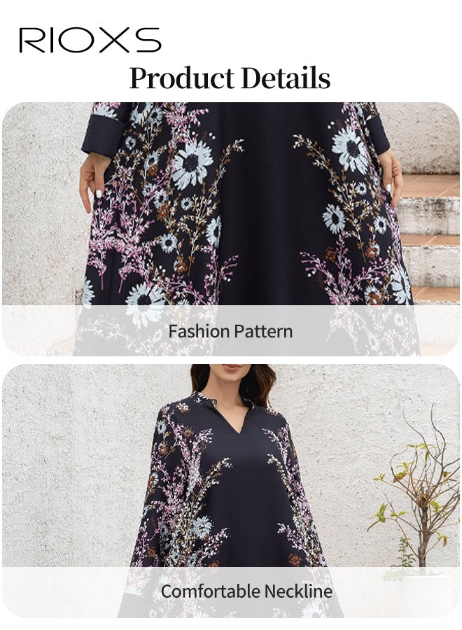 RIOXS Women's Muslim Dress, Classic Muslim Abayas Dress, Ironing Printed Long Dress for Women, Comfy Islamic Robe Ladies Maxi Clothes, Elegant Evening Dress Arab Formal Dresses, Lady's Flowy  Dress for Daily/ Party/ Shopping/ Festival, Black Women's Dresses  - Image 4