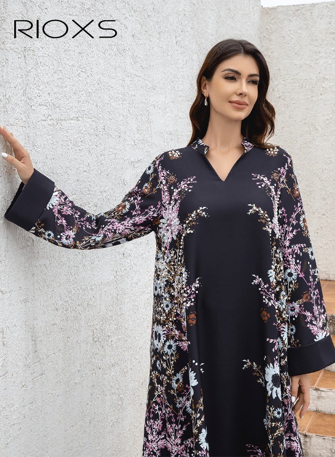 RIOXS Women's Muslim Dress, Classic Muslim Abayas Dress, Ironing Printed Long Dress for Women, Comfy Islamic Robe Ladies Maxi Clothes, Elegant Evening Dress Arab Formal Dresses, Lady's Flowy  Dress for Daily/ Party/ Shopping/ Festival, Black Women's Dresses  - Image 5