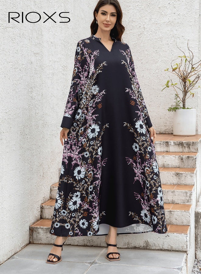 RIOXS Women's Muslim Dress, Classic Muslim Abayas Dress, Ironing Printed Long Dress for Women, Comfy Islamic Robe Ladies Maxi Clothes, Elegant Evening Dress Arab Formal Dresses, Lady's Flowy  Dress for Daily/ Party/ Shopping/ Festival, Black Women's Dresses  - Image 3