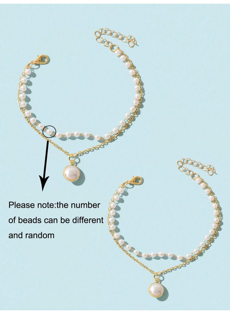 Women's Double Layer Gold Anklet with Elegant Pearl Beads - Image 3