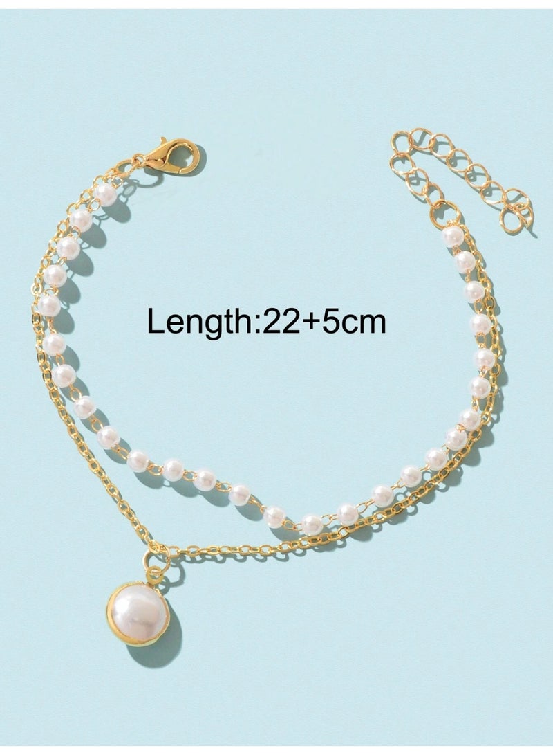 Women's Double Layer Gold Anklet with Elegant Pearl Beads - Image 5