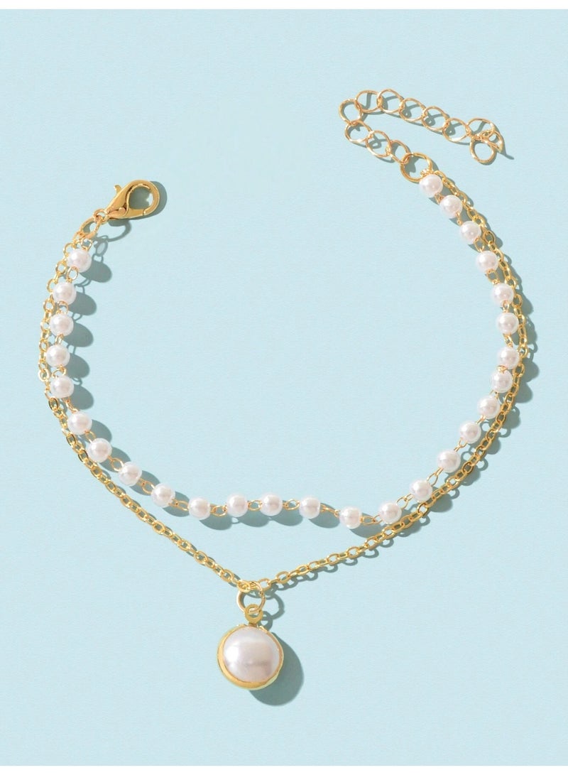 Women's Double Layer Gold Anklet with Elegant Pearl Beads - Image 2