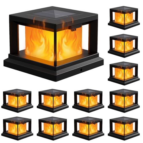 Brightever 4x4 Post Solar Lights with Flickering Flame Solar Flame Post Cap Lights Outdoor for 35x35 4x4 WoodenVinyl Post Black Fence Post Solar Lights for Garden Patio Porch 12Pack - Image 1
