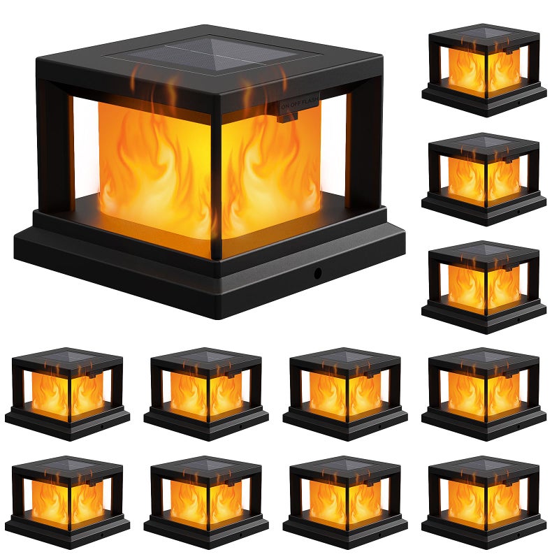 Brightever 4x4 Post Solar Lights with Flickering Flame Solar Flame Post Cap Lights Outdoor for 35x35 4x4 WoodenVinyl Post Black Fence Post Solar Lights for Garden Patio Porch 12Pack - Image 2