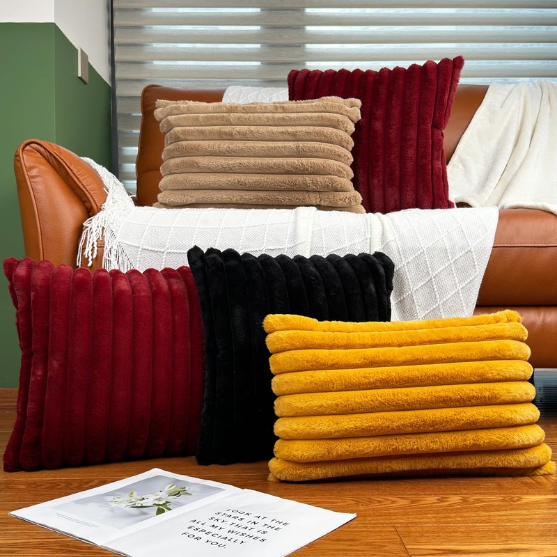 COTEY 18x18 Throw Pillow Covers Set of 2, Decorative Faux Fur Covers for Bed, Couch Soft Fluffy Pillow Cover with Velvet Back for Living Room, Neutral Home DÃ©cor Accent for Sofa - Wine Red - Image 5