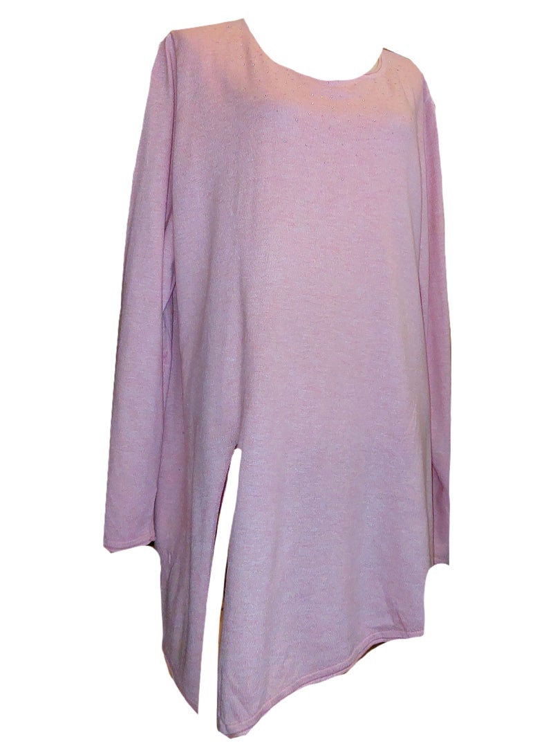 Women oversized pink rhinestones pullover sweater asymmetrical  - Image 1