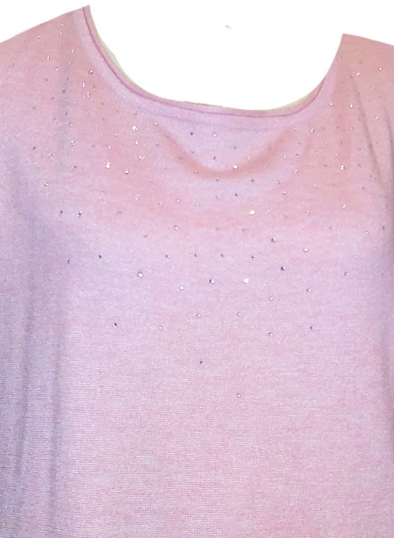 Women oversized pink rhinestones pullover sweater asymmetrical  - Image 2