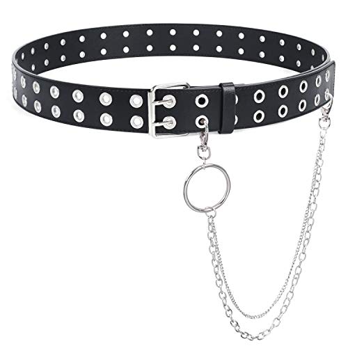 SUOSDEY Double Grommet Leather Belt with Detachable Chain for Women Men,Punk Black Belt with Double Studded Holes for Jeans - Image 1