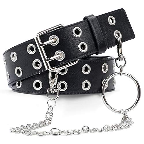 SUOSDEY Double Grommet Leather Belt with Detachable Chain for Women Men,Punk Black Belt with Double Studded Holes for Jeans - Image 2
