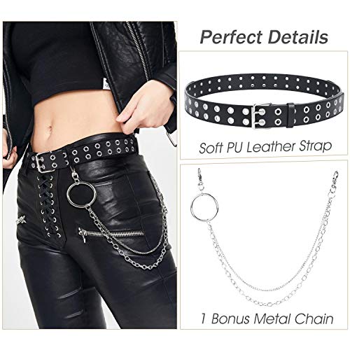 SUOSDEY Double Grommet Leather Belt with Detachable Chain for Women Men,Punk Black Belt with Double Studded Holes for Jeans - Image 3