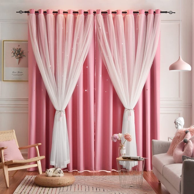 STAR CURTAINS DOUBLE LAYER CURTAINS BLACKOUT CURTAINS FOR BEDROOM KIDS CURTAINS CUTE CURTAINS CURTAINS 63 INCHES LONG 2 PANELS SET PINK CURTAINS 42 X 63 INCHES