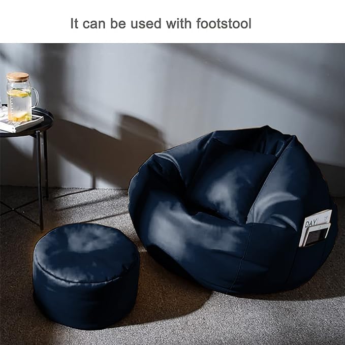 INSTER INSTER Bean Bag Cover with Footrest and Cushion Only Without Filling 3 Pcs Combo Set Faux Leather Sturdy Construction for Adults Teenagers Kids Indoor Use Navy Design - Image 2