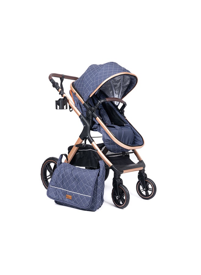 One Fold-To-Half Luxury Pram 2 In 1 - Blue 