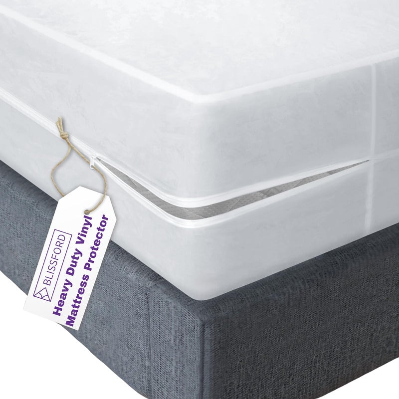 Plastic Mattress Protector Zippered Queen Waterproof Vinyl Mattress Cover Heavy Duty Noiseless Mattress Encasement by Blissford