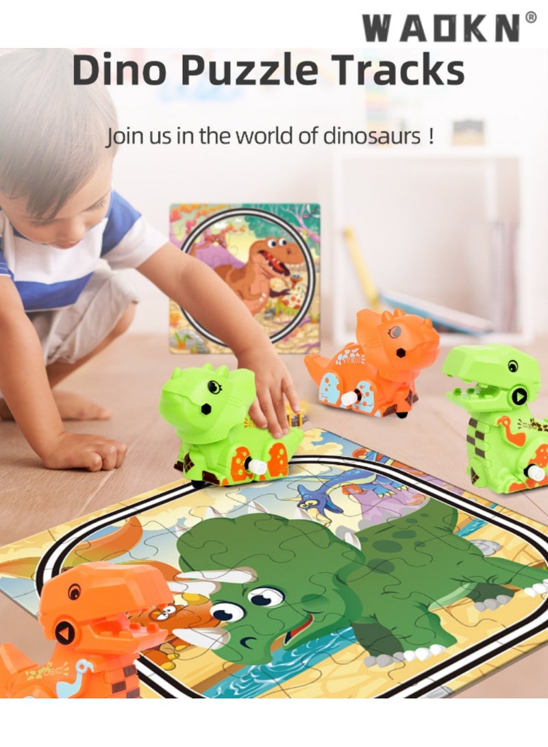 دبليو أيه أو كي أن ديناصور لعبة مجموعة هدية للأطفال ، لغز سيارة لعبة المسار ، ديي المشهد البناء ، 2 سيارة 50 قطعة لغز سيارة المسار ، 4-6 سنوات من العمر لعبة الأطفال آلة ، وتعزيز المهارات اليدوية ، متعة - Image 5