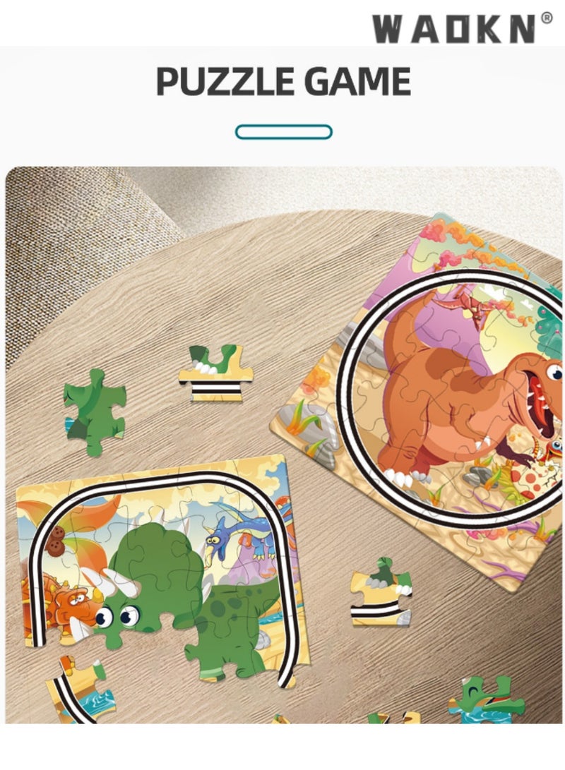 دبليو أيه أو كي أن ديناصور لعبة مجموعة هدية للأطفال ، لغز سيارة لعبة المسار ، ديي المشهد البناء ، 2 سيارة 50 قطعة لغز سيارة المسار ، 4-6 سنوات من العمر لعبة الأطفال آلة ، وتعزيز المهارات اليدوية ، متعة - Image 4