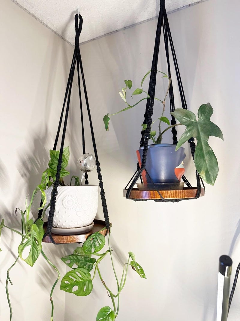Shineloha 2 Pack Macrame Plant Hanger | Plant Hanger Indoor, Hanging Planter Shelf | Hanging Planter (Black) (1 Large + 1 Medium) - Image 3