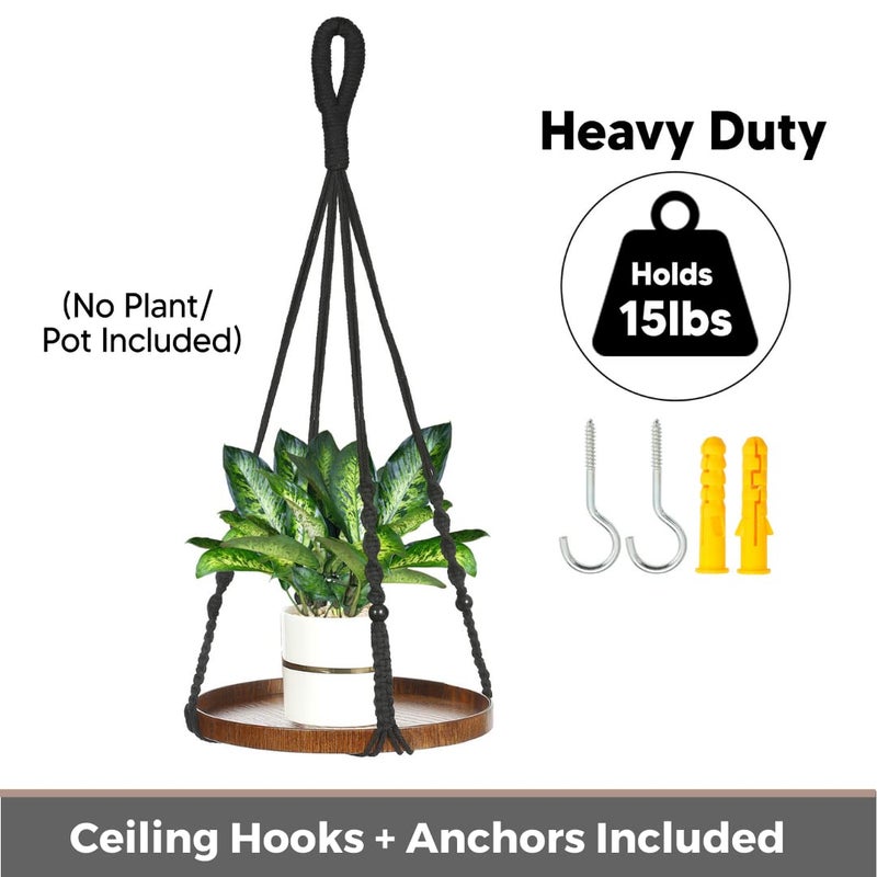 Shineloha 2 Pack Macrame Plant Hanger | Plant Hanger Indoor, Hanging Planter Shelf | Hanging Planter (Black) (1 Large + 1 Medium) - Image 4