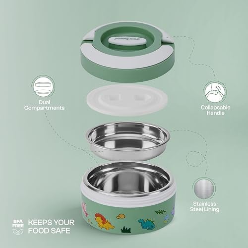 Pinnacle Prime Insulated Tiffin Box & Pixel Insulated Water Bottle Combo for Kids (400ml Each)| Dual Compartment Lunch Box & Stainless Steel Inner Bottle |Ideal for School,Picnic & Gift (Jungle Mist) - Image 4