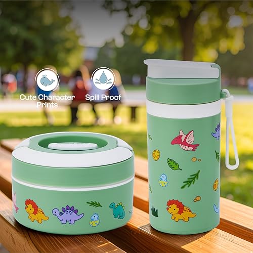 Pinnacle Prime Insulated Tiffin Box & Pixel Insulated Water Bottle Combo for Kids (400ml Each)| Dual Compartment Lunch Box & Stainless Steel Inner Bottle |Ideal for School,Picnic & Gift (Jungle Mist) - Image 5