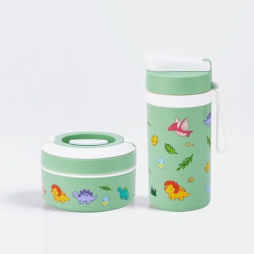 Pinnacle Prime Insulated Tiffin Box & Pixel Insulated Water Bottle Combo for Kids (400ml Each)| Dual Compartment Lunch Box & Stainless Steel Inner Bottle |Ideal for School,Picnic & Gift (Jungle Mist) - Image 1