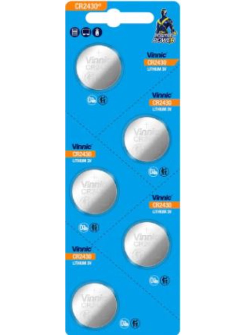 عبوة من 5 بطاريات ليثيوم Vinnic CR2430 بجهد 3 فولت (قطب موجب) وخالية من الزئبق (0% Hg)