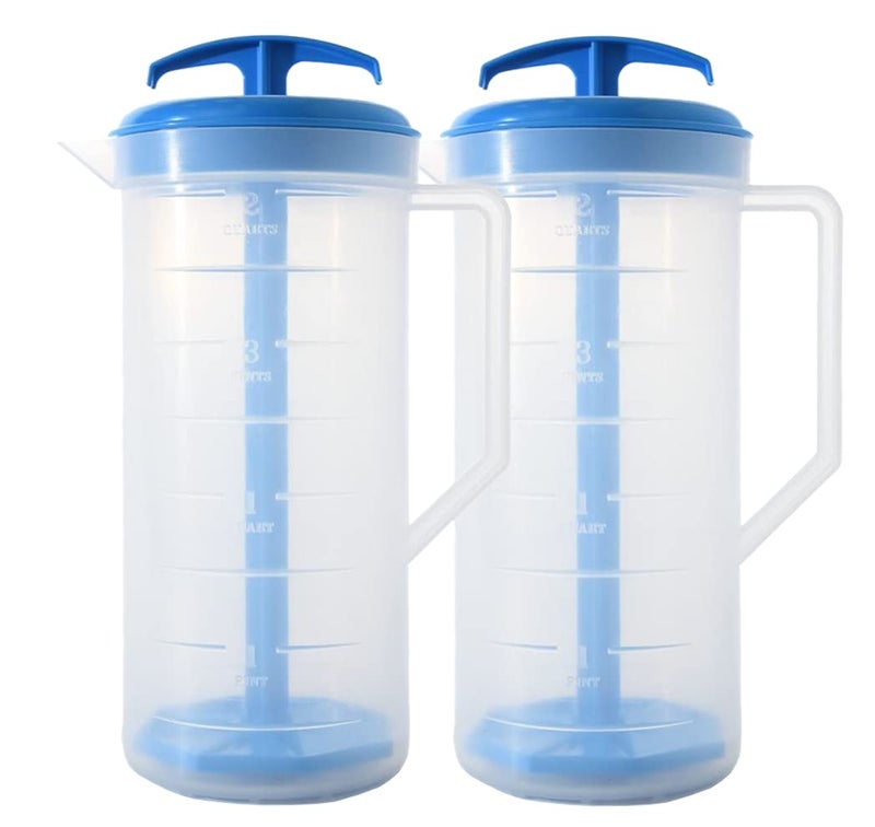 JBK Pottery 2Quart Blue Mixing Pitcher with Plunger  BPAFree Plastic Jug for Juice Milk Tea Shakes and More  DishwasherSafe SpillProof Lid Smart Stirring Design 2 Pack